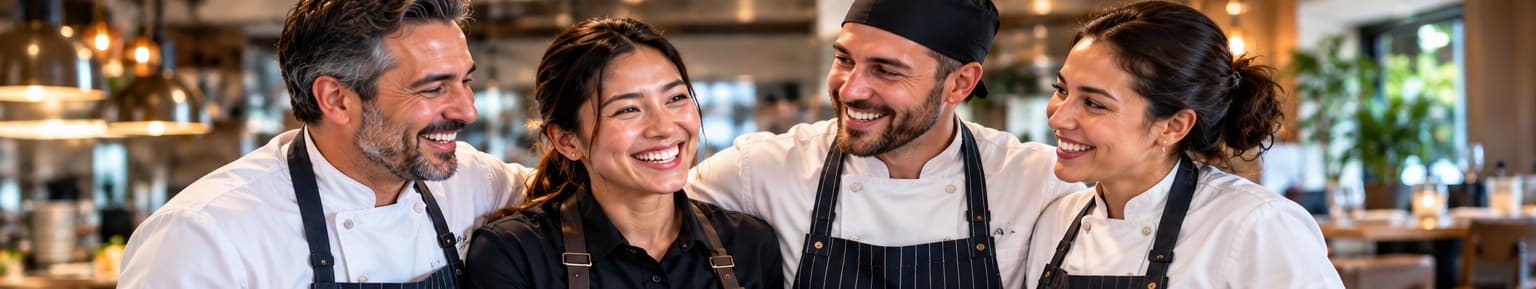 Four restaurant team members in chef and server attire smiling together