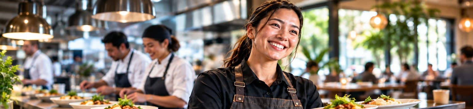 A smiling restaurant server carrying plated dishes, with kitchen staff plating food in the background