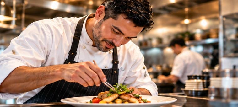 A chef carefully plating a dish in a restaurant kitchen