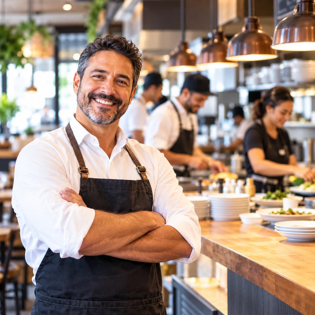 A restaurant owner and kitchen staff smiling together